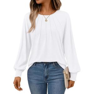 AUTOMET Womens Fall Fashion Long Sleeve Shirts Dressy Casual Pleated Basic Trendy Tops Winter Clothes 2025(White)