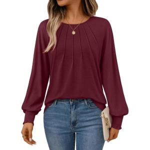 AUTOMET Womens Fall Fashion Long Sleeve Shirts Dressy Casual Pleated Basic Trendy Tops Winter Clothes 2025(Wine Red)