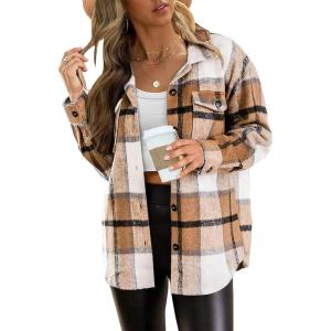 AUTOMET Womens Fall Outfits Fashion Clothes Shackets Flannel Plaid Button Down Long Sleeve Shirts Jackets(Apricot)