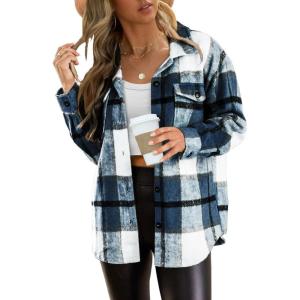 AUTOMET Womens Fall Outfits Fashion Clothes Shackets Flannel Plaid Button Down Long Sleeve Shirts Jackets(Blue)