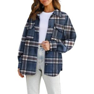 AUTOMET Womens Fall Outfits Fashion Clothes Shackets Flannel Plaid Button Down Long Sleeve Shirts Jackets(Bluegrey)