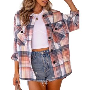 AUTOMET Womens Fall Outfits Fashion Clothes Shackets Flannel Plaid Button Down Long Sleeve Shirts Jackets(Bluepink)