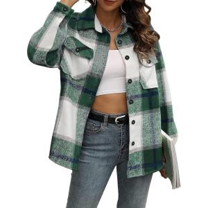 AUTOMET Womens Fall Outfits Fashion Clothes Shackets Flannel Plaid Button Down Long Sleeve Shirts Jackets(Dark Green)