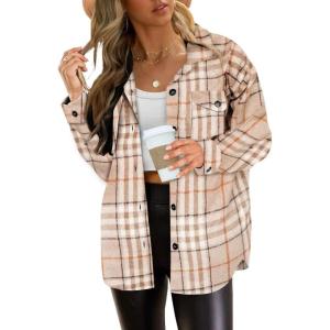 AUTOMET Womens Fall Outfits Fashion Clothes Shackets Flannel Plaid Button Down Long Sleeve Shirts Jackets(Darkkhaki)