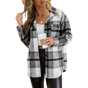 AUTOMET Womens Fall Outfits Fashion Clothes Shackets Flannel Plaid Button Down Long Sleeve Shirts Jackets(Grey)