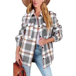 AUTOMET Womens Fall Outfits Fashion Clothes Shackets Flannel Plaid Button Down Long Sleeve Shirts Jackets(Greybrown)