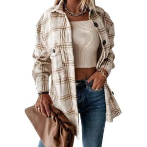 AUTOMET Womens Fall Outfits Fashion Clothes Shackets Flannel Plaid Button Down Long Sleeve Shirts Jackets(Khaki)