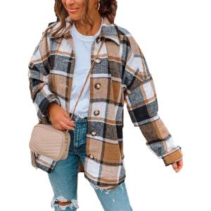 AUTOMET Womens Fall Outfits Fashion Clothes Shackets Flannel Plaid Button Down Long Sleeve Shirts Jackets(Khakigrey)