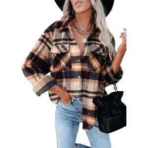AUTOMET Womens Fall Outfits Fashion Clothes Shackets Flannel Plaid Button Down Long Sleeve Shirts Jackets(Orangeblack)