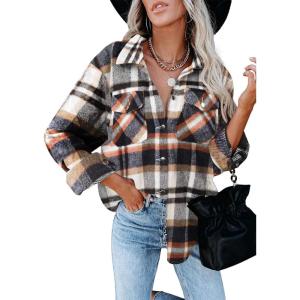 AUTOMET Womens Fall Outfits Fashion Clothes Shackets Flannel Plaid Button Down Long Sleeve Shirts Jackets(Orangewhite)