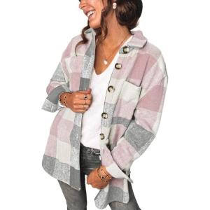 AUTOMET Womens Fall Outfits Fashion Clothes Shackets Flannel Plaid Button Down Long Sleeve Shirts Jackets(Pinkgrey)