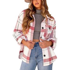 AUTOMET Womens Fall Outfits Fashion Clothes Shackets Flannel Plaid Button Down Long Sleeve Shirts Jackets(Pinkwhite)