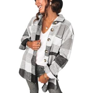 AUTOMET Womens Fall Outfits Fashion Clothes Shackets Flannel Plaid Button Down Long Sleeve Shirts Jackets(Whitegrey)
