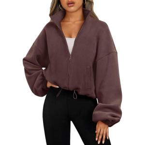 AUTOMET Womens Fleece Jackets Zip Up Oversized Sweatshirts Winter Clothes Long Sleeve Crop Sherpa Fall Outfits Fashion(Brown)