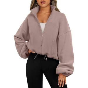 AUTOMET Womens Fleece Jackets Zip Up Oversized Sweatshirts Winter Clothes Long Sleeve Crop Sherpa Fall Outfits Fashion(Coffeegrey)