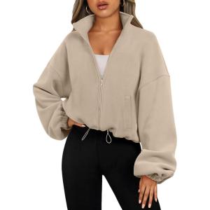 AUTOMET Womens Fleece Jackets Zip Up Oversized Sweatshirts Winter Clothes Long Sleeve Crop Sherpa Fall Outfits Fashion(Khaki)
