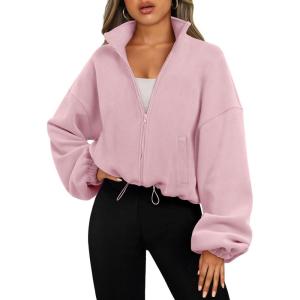 AUTOMET Womens Fleece Jackets Zip Up Oversized Sweatshirts Winter Clothes Long Sleeve Crop Sherpa Fall Outfits Fashion(Pink)