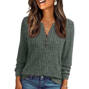 AUTOMET Womens Henley Long Sleeve Shirt Fall Top V Neck Fashion Dreesy Casual Tunic Sweaters Clothes Trendy Work Outfits(Green)