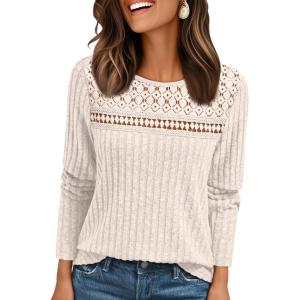 AUTOMET Womens Lace Long Sleeve Shirt Fall Top Fashion Dreesy Casual Tunic Sweaters Mesh Clothes Trendy Work Cute Outfits(Apricot)