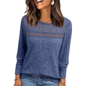 AUTOMET Womens Lace Long Sleeve Shirt Fall Top Fashion Dreesy Casual Tunic Sweaters Mesh Clothes Trendy Work Cute Outfits(Blue)