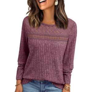 AUTOMET Womens Lace Long Sleeve Shirt Fall Top Fashion Dreesy Casual Tunic Sweaters Mesh Clothes Trendy Work Cute Outfits(Burgundy)