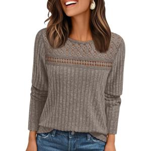 AUTOMET Womens Lace Long Sleeve Shirt Fall Top Fashion Dreesy Casual Tunic Sweaters Mesh Clothes Trendy Work Cute Outfits(Coffee)