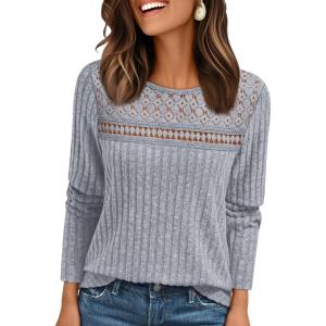 AUTOMET Womens Lace Long Sleeve Shirt Fall Top Fashion Dreesy Casual Tunic Sweaters Mesh Clothes Trendy Work Cute Outfits(Grey)