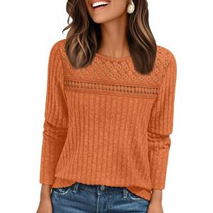 AUTOMET Womens Lace Long Sleeve Shirt Fall Top Fashion Dreesy Casual Tunic Sweaters Mesh Clothes Trendy Work Cute Outfits(Pumpkin)