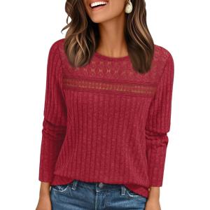 AUTOMET Womens Lace Long Sleeve Shirt Fall Top Fashion Dreesy Casual Tunic Sweaters Mesh Clothes Trendy Work Cute Outfits(Red)