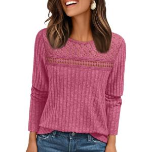 AUTOMET Womens Lace Long Sleeve Shirt Fall Top Fashion Dreesy Casual Tunic Sweaters Mesh Clothes Trendy Work Cute Outfits(Rose)
