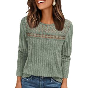 AUTOMET Womens Lace Long Sleeve Shirt Fall Top Fashion Dreesy Casual Tunic Sweaters Mesh Clothes Trendy Work Cute Outfits(Sagegreen)