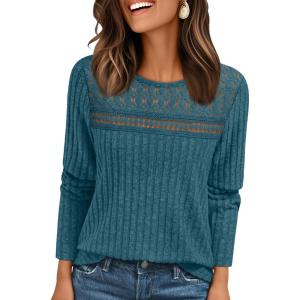 AUTOMET Womens Lace Long Sleeve Shirt Fall Top Fashion Dreesy Casual Tunic Sweaters Mesh Clothes Trendy Work Cute Outfits(Teal)