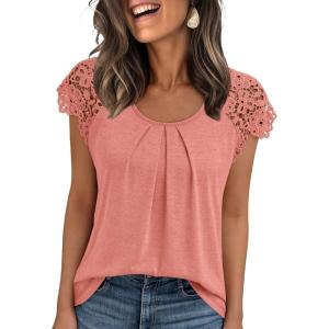 AUTOMET Womens Lace Tops Pleated Short Sleeve Shirts Summer Business Casual Dressy Blouses(Coral)