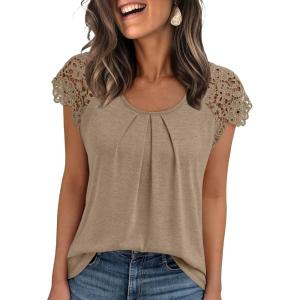 AUTOMET Womens Lace Tops Pleated Short Sleeve Shirts Summer Business Casual Dressy Blouses(Khaki)