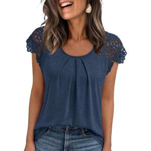 AUTOMET Womens Lace Tops Pleated Short Sleeve Shirts Summer Business Casual Dressy Blouses(Navy)