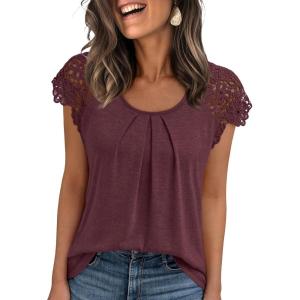 AUTOMET Womens Lace Tops Pleated Short Sleeve Shirts Summer Business Casual Dressy Blouses(Wine)
