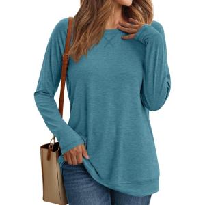 AUTOMET Womens Long Sleeve Crewneck Shirts Fall Winter Casual Work Tops Loose Fit Clothes Trendy Basic Outfits 2025(Cyan)