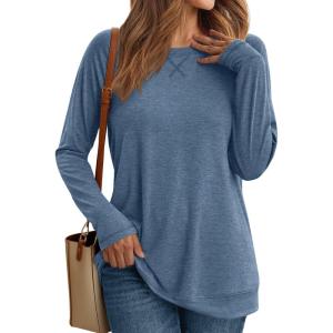 AUTOMET Womens Long Sleeve Crewneck Shirts Fall Winter Casual Work Tops Loose Fit Clothes Trendy Basic Outfits 2025(Haze Blue)