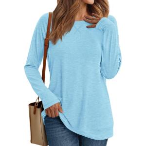 AUTOMET Womens Long Sleeve Crewneck Shirts Fall Winter Casual Work Tops Loose Fit Clothes Trendy Basic Outfits 2025(Light Blue)