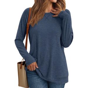 AUTOMET Womens Long Sleeve Crewneck Shirts Fall Winter Casual Work Tops Loose Fit Clothes Trendy Basic Outfits 2025(Navy)
