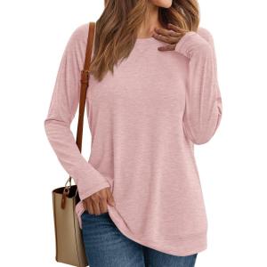 AUTOMET Womens Long Sleeve Crewneck Shirts Fall Winter Casual Work Tops Loose Fit Clothes Trendy Basic Outfits 2025(Pink)