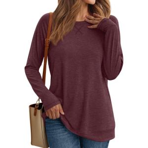 AUTOMET Womens Long Sleeve Crewneck Shirts Fall Winter Casual Work Tops Loose Fit Clothes Trendy Basic Outfits 2025(Wine Red)