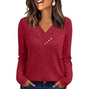AUTOMET Womens Long Sleeve Shirt Fall Fashion 2025 V Neck Sweater Tunic Tops Dressy Casual Work Blouse Trendy Winter Clothing(Red)