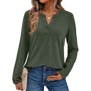 AUTOMET Women’s Long Sleeve Shirts 2025 Fall Fashion Dressy Casual Tops Trendy Henley Blouses Cute Work Outfits Clothes(Army Green)
