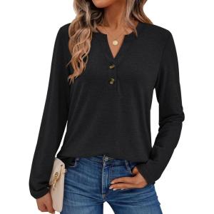 AUTOMET Women’s Long Sleeve Shirts 2025 Fall Fashion Dressy Casual Tops Trendy Henley Blouses Cute Work Outfits Clothes(Black)