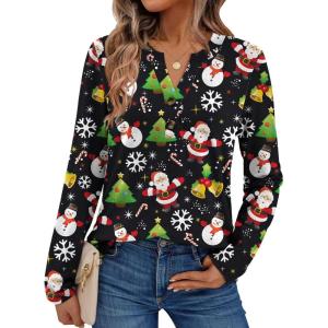 AUTOMET Women’s Long Sleeve Shirts 2025 Fall Fashion Dressy Casual Tops Trendy Henley Blouses Cute Work Outfits Clothes(Black Christmas Print)