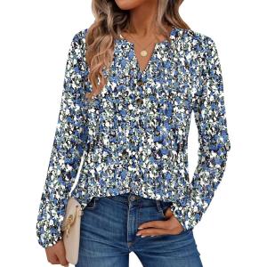 AUTOMET Women’s Long Sleeve Shirts 2025 Fall Fashion Dressy Casual Tops Trendy Henley Blouses Cute Work Outfits Clothes(Blue Floral)