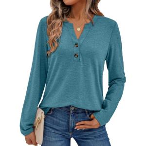 AUTOMET Women’s Long Sleeve Shirts 2025 Fall Fashion Dressy Casual Tops Trendy Henley Blouses Cute Work Outfits Clothes(Blue Green)