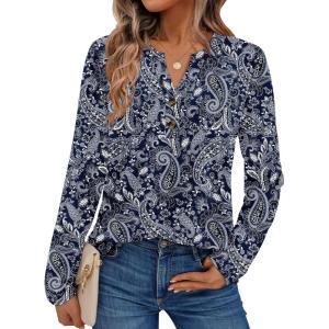 AUTOMET Women’s Long Sleeve Shirts 2025 Fall Fashion Dressy Casual Tops Trendy Henley Blouses Cute Work Outfits Clothes(Boho Black)