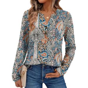 AUTOMET Women’s Long Sleeve Shirts 2025 Fall Fashion Dressy Casual Tops Trendy Henley Blouses Cute Work Outfits Clothes(Boho Blue)
